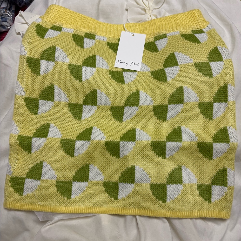 Emory Park Yellow Geometric Knit Mini Skirt with Green Accents - Women NWT Small